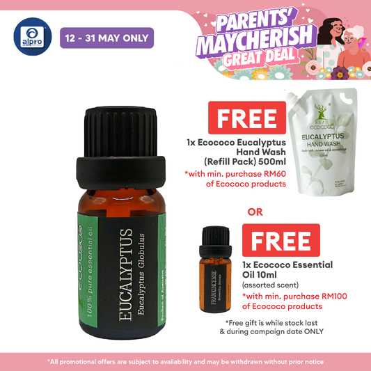 ecococo Eucalyptus Essential Oil 10mL | Energizing Scent & Helps Soothe Blocked Nose ecococo