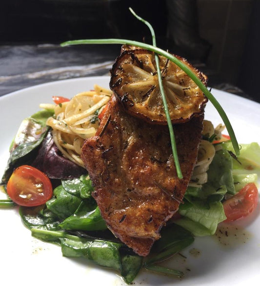 Featured image for Easy-Peasy Plate @ Grilled Salmon Pasta With Simple Salad Dressing