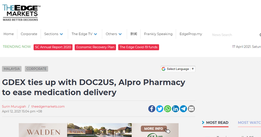 Featured image for The Edge Markets : GDEX ties up with DOC2US, Alpro Pharmacy to ease medication delivery