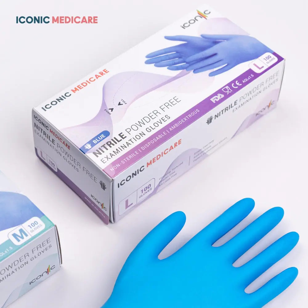 medical-grade-iconic-medicare-nitrile-powder-free-examination-blue-gloves-size-m-l-100s product image 1
