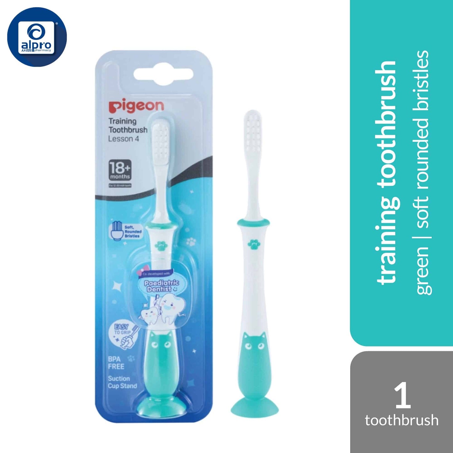 pigeon-training-toothbrush-lesson-4-pink-green-18-month-soft-rounded-bristles-soft-grip product image 1