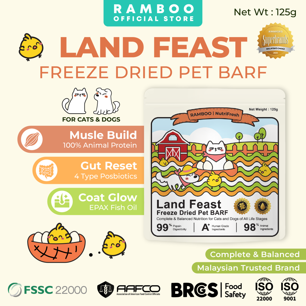 Ramboo Land Feast Premium Freeze-Dried Cat & Dog BARF Diet 125g ×4packs | Supports Muscle Growth & Gut Health RAMBOO