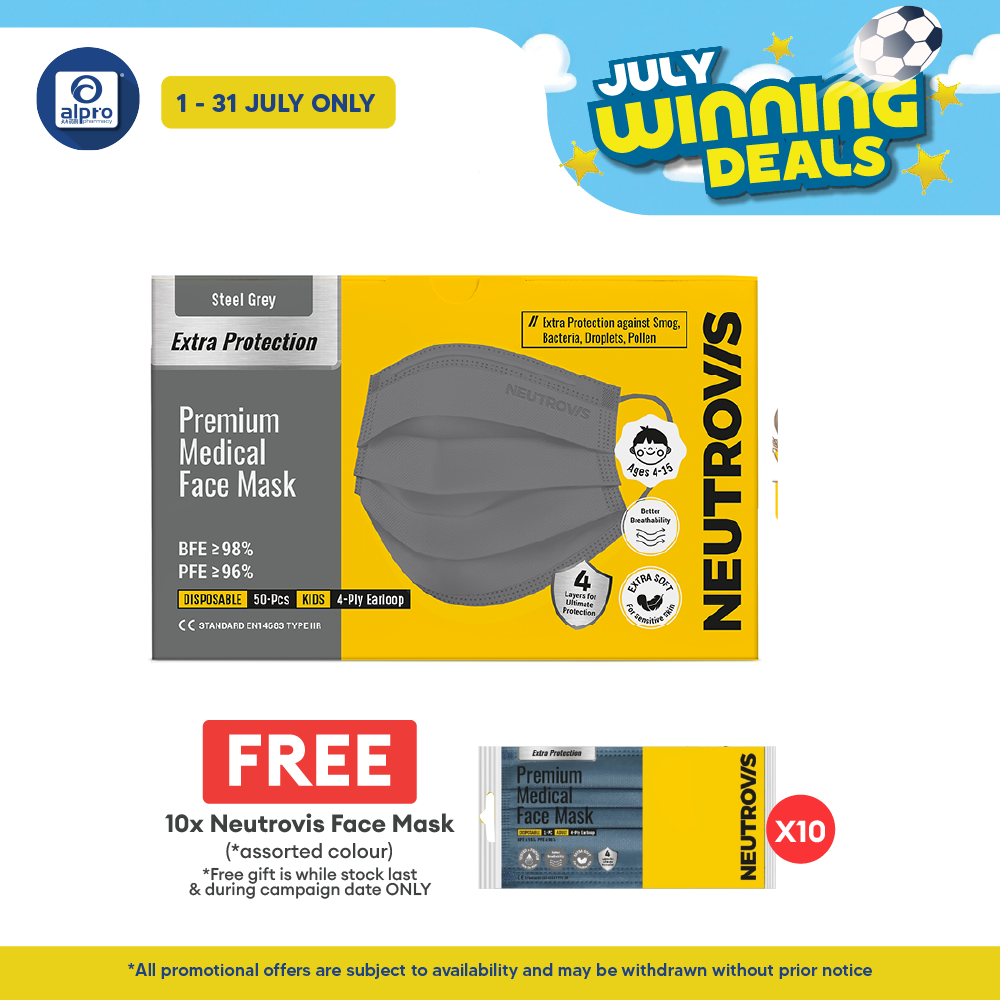 Neutrovis 4ply Premium Medical Face Mask with Extra Protection (Steel Grey) 50s | For Kids Alpro Pharmacy