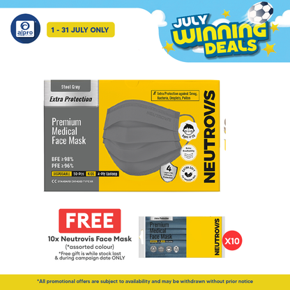 Neutrovis 4ply Premium Medical Face Mask with Extra Protection (Steel Grey) 50s | For Kids Alpro Pharmacy