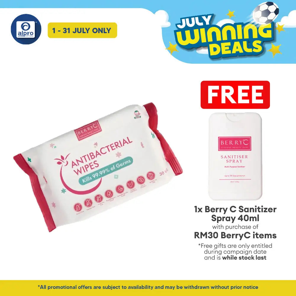 Berry C Antibacterial Wipe 30s | Kills 99.9% of Germs & Bacteria Berry C
