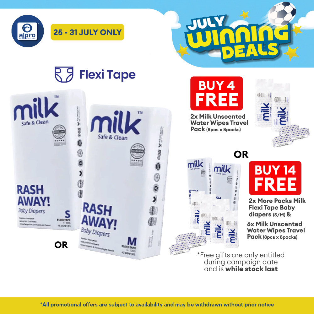 Milk Flexi Tape Baby Diapers (Size S48pcs/ M42pcs) | Sensitive Skin Friendly & Leak-Proof MILK Diapers