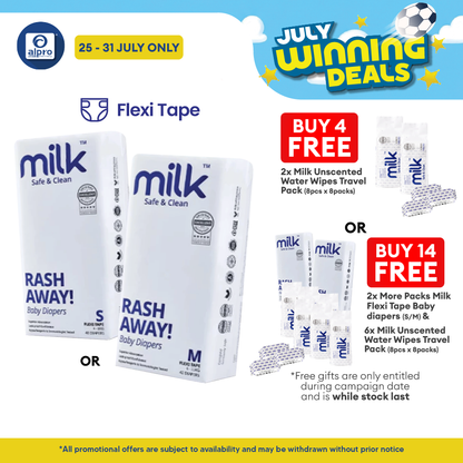 Milk Flexi Tape Baby Diapers (Size S48pcs/ M42pcs) | Sensitive Skin Friendly & Leak-Proof MILK Diapers