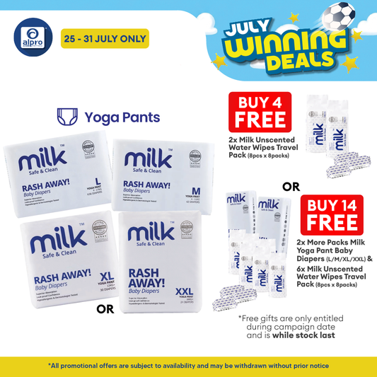 Milk Yoga Pants Baby Diapers (M42pcs/ L36pcs/ XL30pcs/ XXL24pcs) | Ultra-Sonic Side Seal for a Snug Fit MILK Diapers