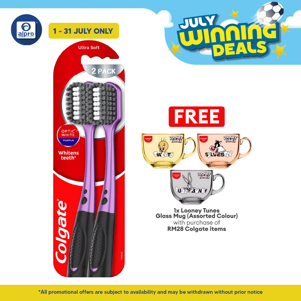 Colgate Optic White Purple Toothbrush 2s | Whitens Teeth Daily Colgate