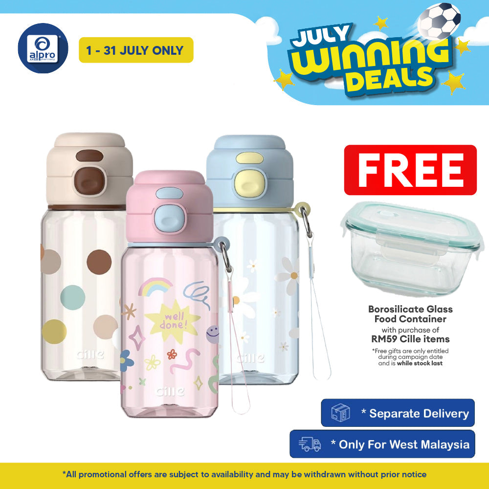 Cille Cute Tritan Water Bottle 520mL (XL-2536-520) | Dual Drink, Leak-Proof, Strap & One-Click Open Cille