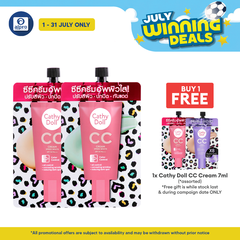 Cathy Doll CC Cream SPF50 PA+++ Speed White Colour Control (Assorted) 7mL | Even Out Skin Complexion Cathy Doll