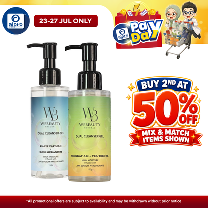 WeBeauty Dual Cleanser Gel (Kacip Fatimah + Rose Geranium / Tongkat Ali + Tea Tree) 150g | Gentle Moisturising Cleanser WeHealth