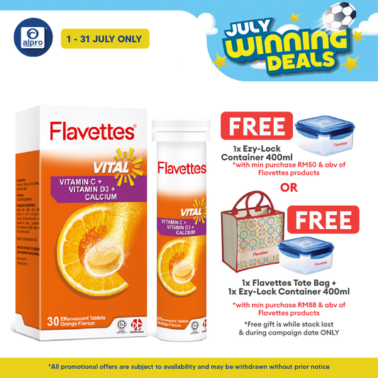 Flavettes Vital Effervescent Vit.C+D+Calcium (Orange) 30s | Bone Health Flavettes