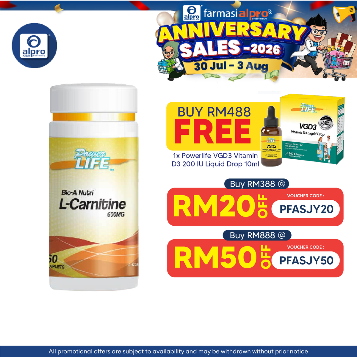 Powerlife Bio-A Nutri L-Carnitine 600mg 60s