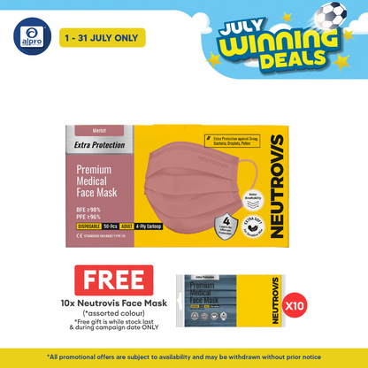 Neutrovis 4ply Premium Medical Face Mask with Extra Protection (Merlot) 50s | For Adult Alpro Pharmacy