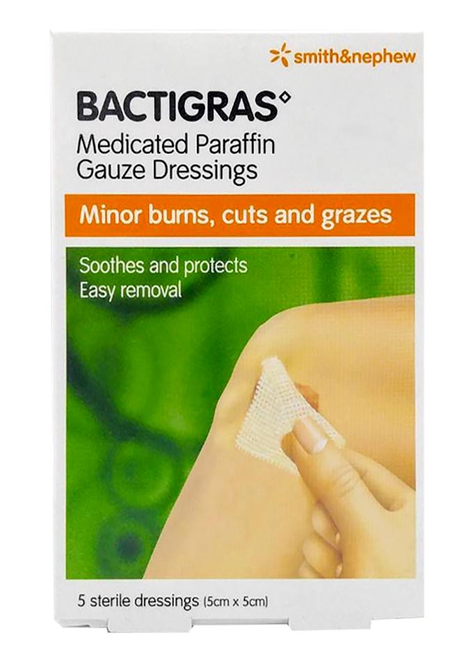 S&n Bactigras Medicated Paraffin Gauze Dressing 5cmx5cm 5s