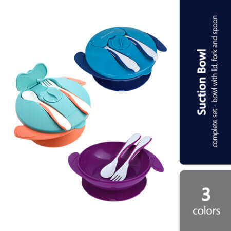 Autumnz Baby Suction Bowl With Spoon And Fork (navy Blue/orange/purple)