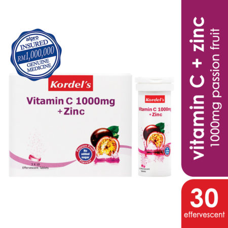 Kordels Effercescent Vitamin C 1000mg + Zinc (Passion Fruit Flavour) 3x10s | For Immunity