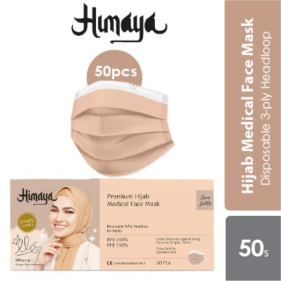 Himaya Premium Hijab 3 Ply Medical Face Mask With Head Loop (Love Latte) 50s | For Adults