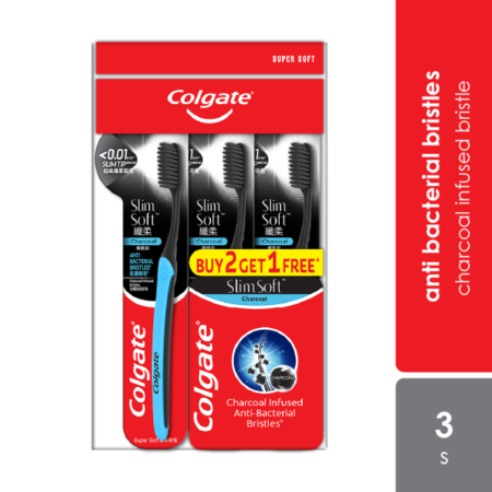 Colgate Toothbrush Slimsoft Charcoal Buy 2 Free 1 3s | Anti Bacterial Bristle